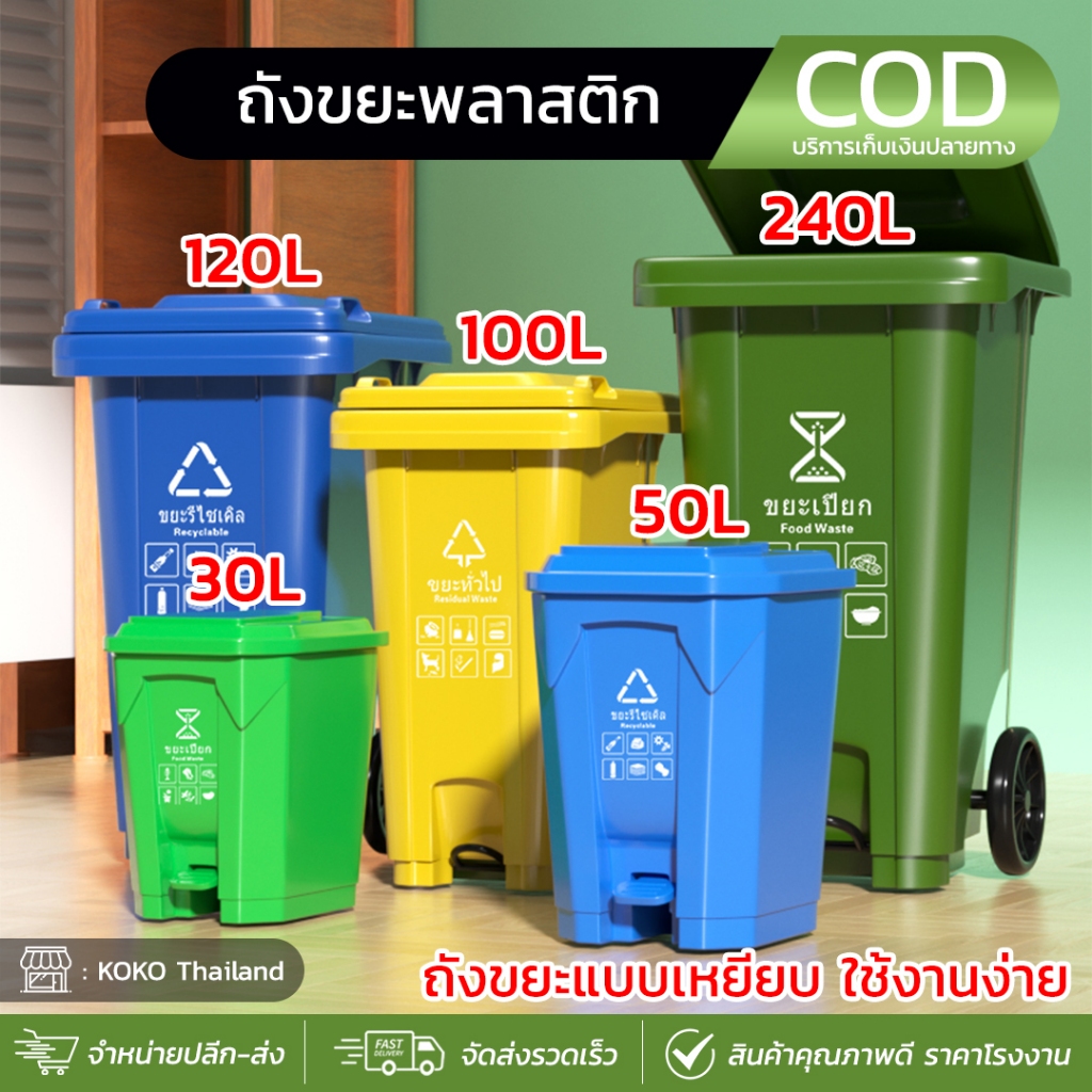 ถังขยะ ความจุ 100ลิตร/120ลิตร/240ลิตร มีล้อ ถังขยะมีที่เหยียบ ถังขยะพลาสติก ถังขยะ มีฝา(ฝาเรียบ) ถัง