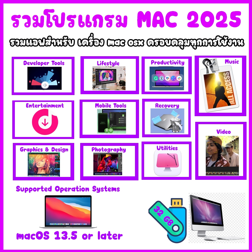 ALL Program MAC 2025 รวมโปรแกรมประจำเครื่องล่าสุด(MAC OSX)(USB 32GB)