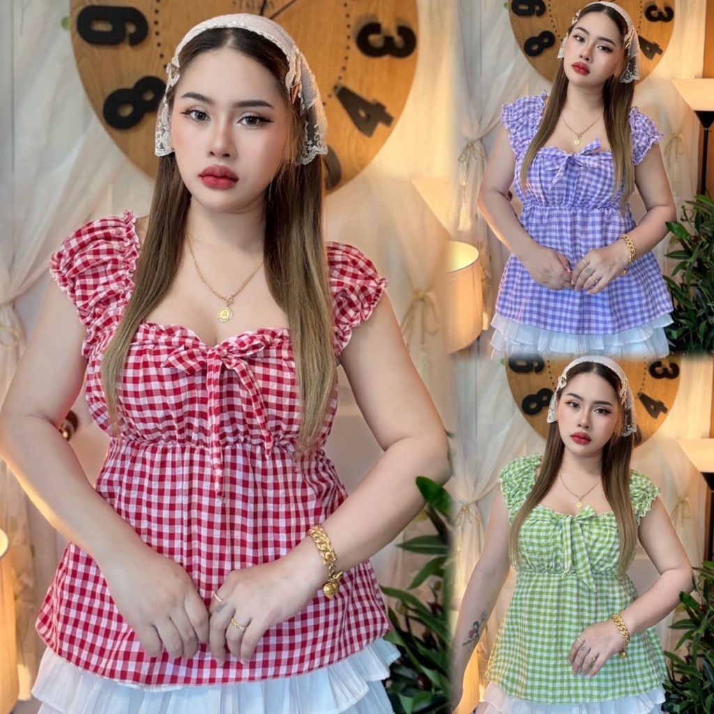 *ส่งทันทีจากไทย*เสื้อสาวอวบปอแฟชั่น อก34-44 ยาว25  กล้ามย่นสก๊อต