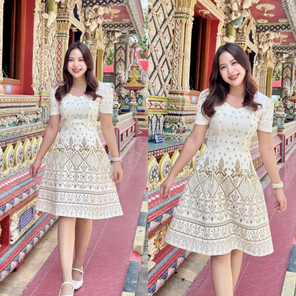 เดรสผ้าไทย ชุดงานบวช ผ้าฝ้ายอัดกาวอย่างดี by Raphee