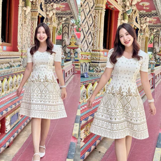 เดรสผ้าไทย ชุดงานบวช ผ้าฝ้ายอัดกาวอย่างดี by Raphee