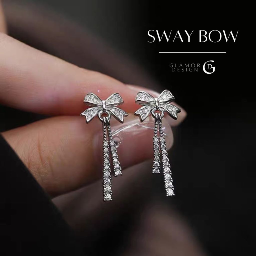 GLAMOR✨ตุ้มหูเงินแท้ Sway Bow ต่างหูยาว จี้โบว์ ต่างหูเพชร ต่างหูแฟชั่น ตุ้มหูเงิน ต่างหูสตรี