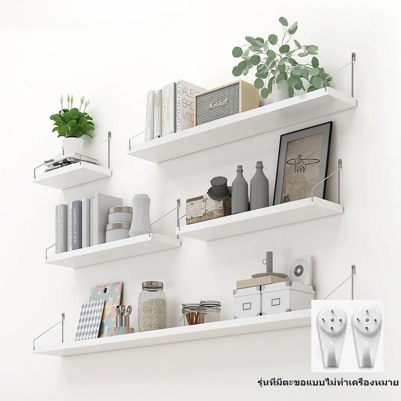 BUJOY ชั้นวางติดผนัง ไม่ต้องเจาะ ชั้นวางไม้ ชั้นวางของติดผนัง ของแต่งบ้าน ไม้ ติดตั้งง่าย