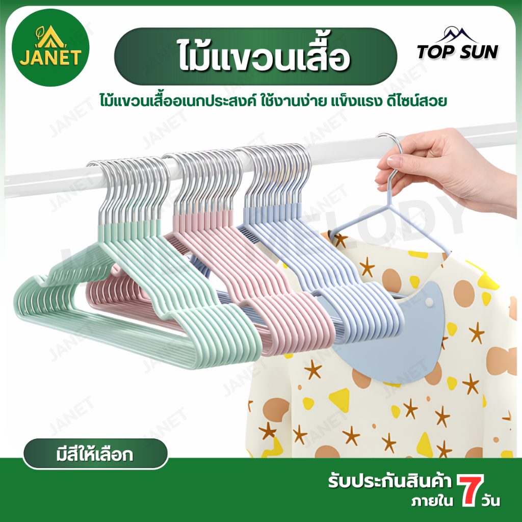 Janet 💥 ไม้แขวน เสื้อ หุ้มซิลิโคน กันผ้าลื่น ทนสนิม หัวสแดนเลส ขนาดใหญ่ 40x20cm