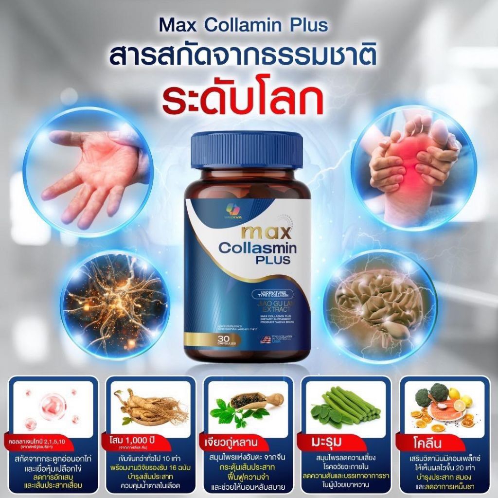 { 1 กระปุก } 🔵 Max Collasmin Plus วิตามินบำรุงเส้นประสาท ลดอาการ เหน็บชา ตะคริว  มือสั่น อ่อนแรง( 30 แค็ปซูล