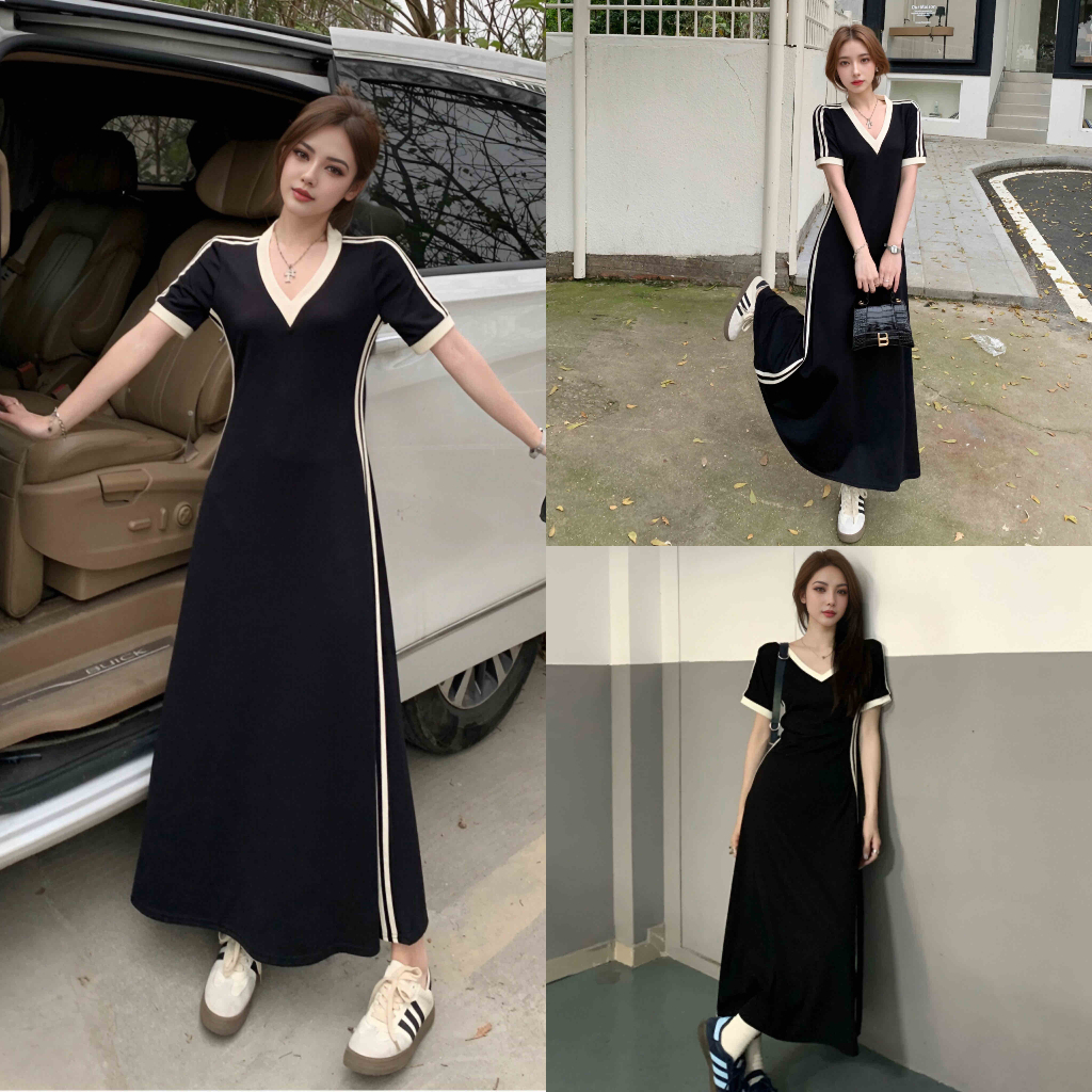 เดรสคอวีแขนสั้น ดีไซน์ตัดสีแบบเกาหลี แฟชั่นหน้าร้อนใส่สบาย