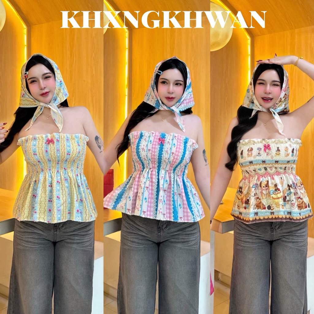 เซ็ท2ชิ้น เกาะอก+ผ้าโพกสายคาเฟ่ สาวอวบใส่ได้อก30-42