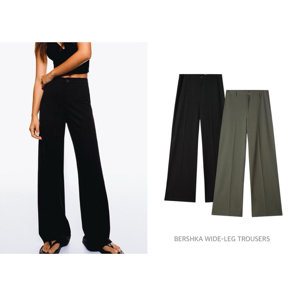 BERSHKA กางเกงขายาว เอวสูง ใส่ทำงาน WIDE-LEG TROUSERS (C0901)