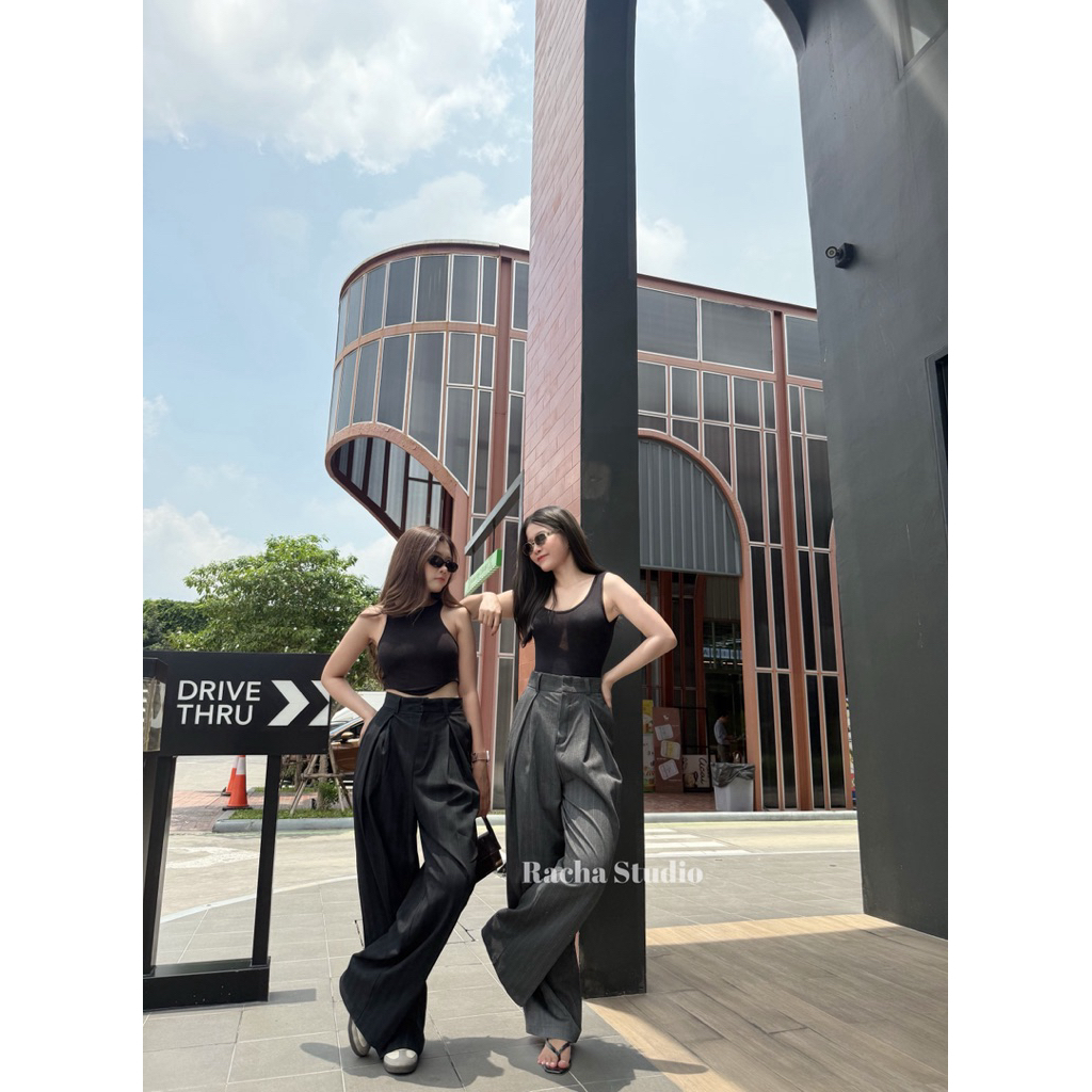 Racha Studio06 : กางเกงจีบทวิส ทรงขากระบอกใหญ่เอวสูง(เนื้อผ้าไหมญี่ปุ่น ผ้าหนามีน้ำหนักไม่ต้องรีด)S-