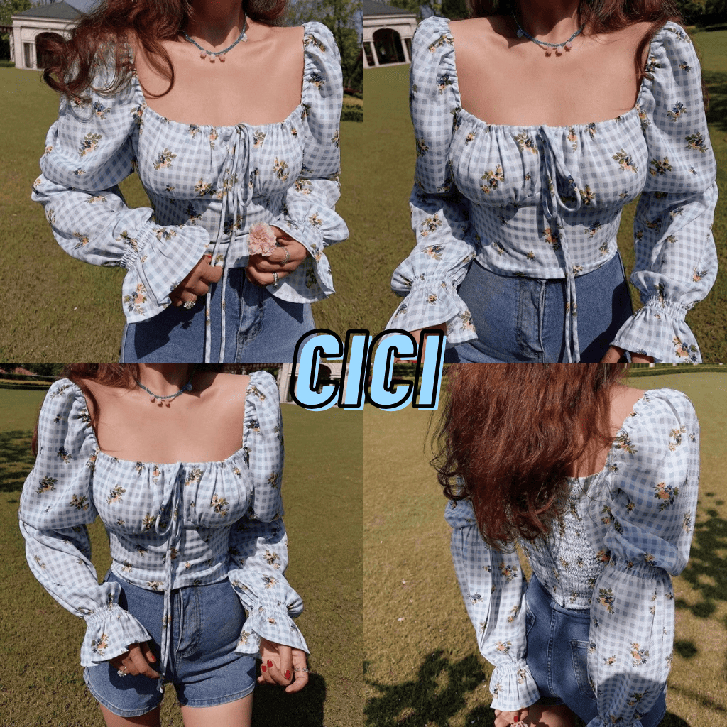 ส่งทันที Cici(NO. J2136) เสื้อแขนยาวสม็อคหลัง แขนตุ๊กตา เชือกด้านหน้ารูดได้ พิมพ์ลายตาราง ดอกไม้น่ารักๆ