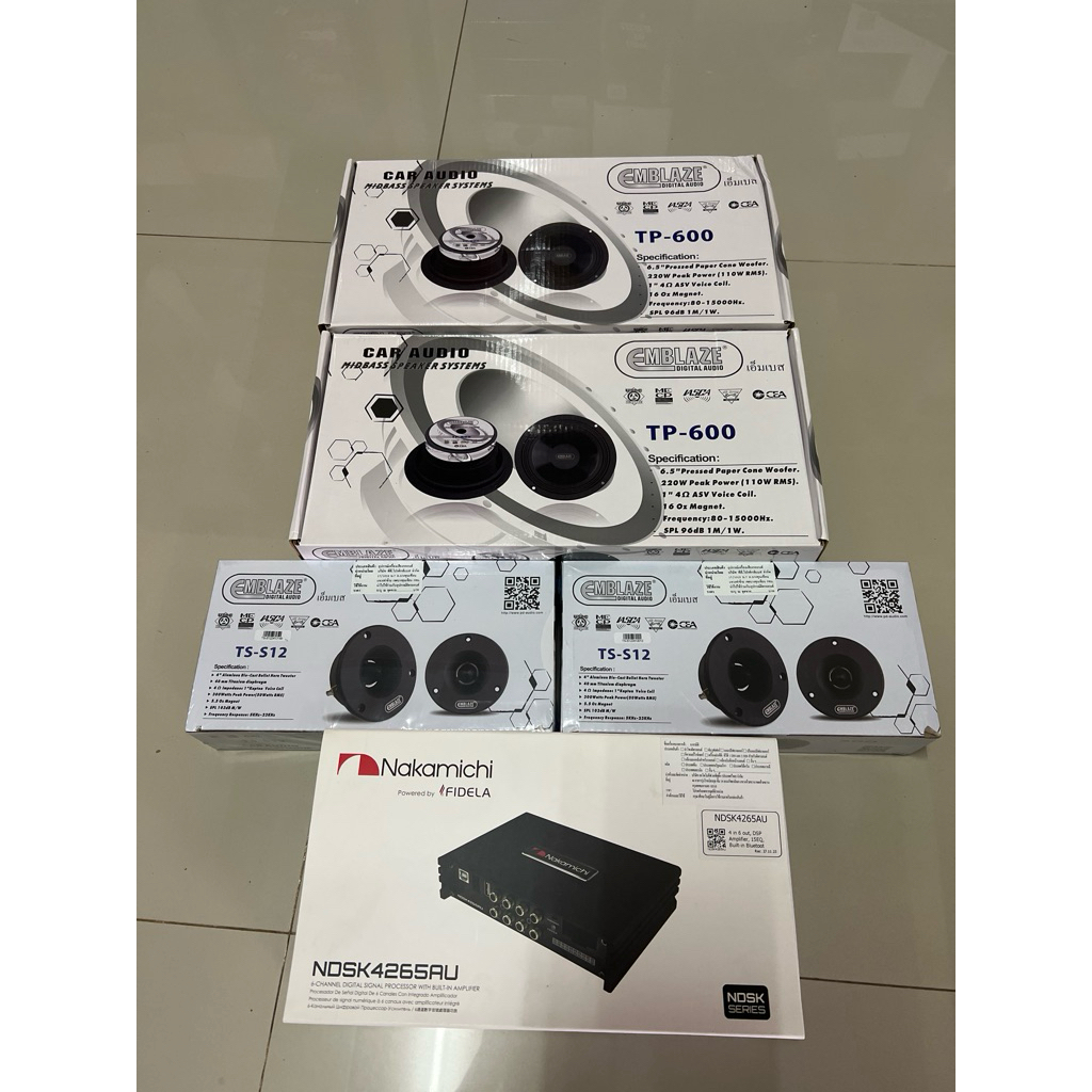 ซื้อ6.5“ 2คู่แหลม2คู่ ยี่ห้อ EMBLAZE 1ชุด ราคา 7290บาท แถมฟรี Nakamichi DSP 60x4Ch  1ตัว ลำโพงติดรถย