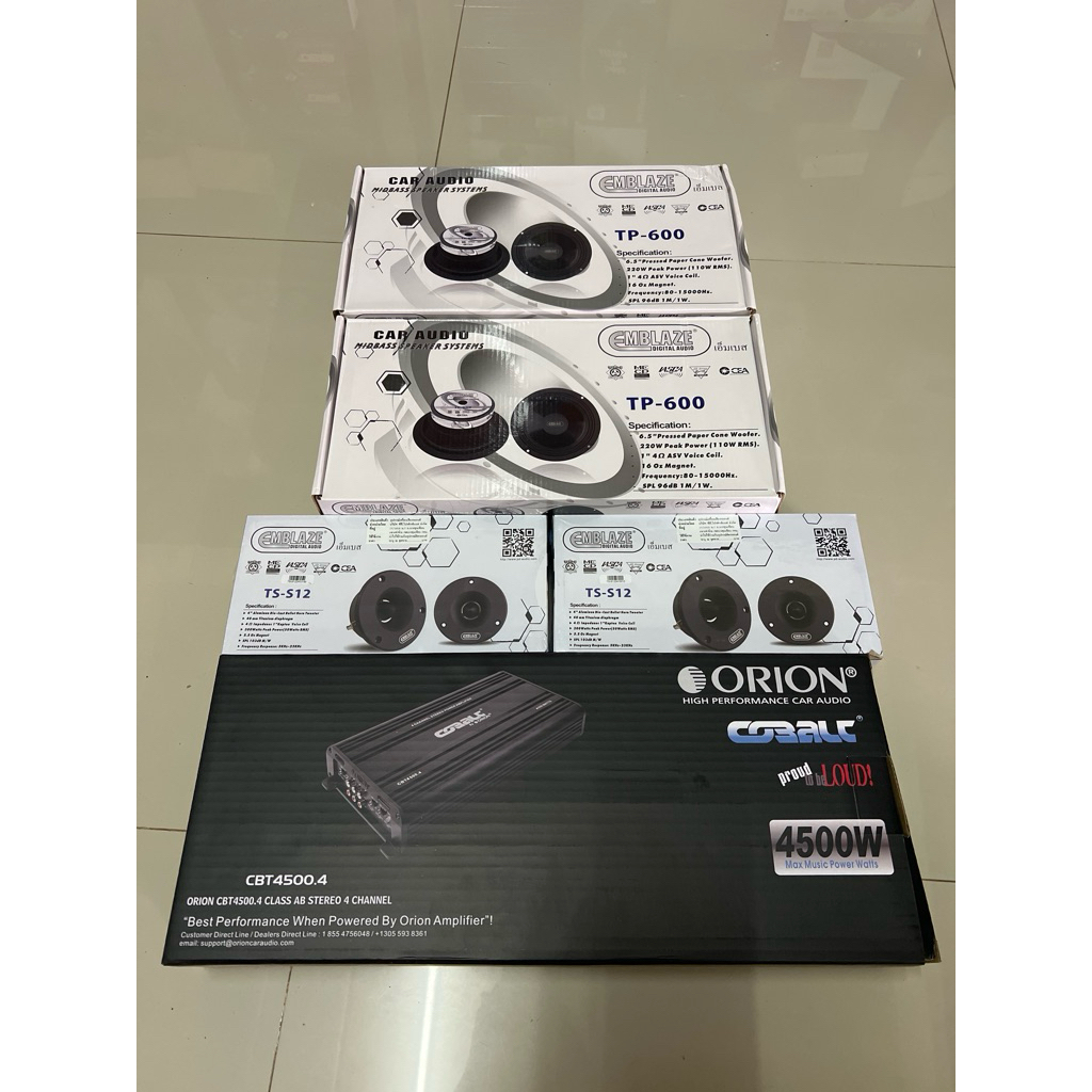 ซื้อ6.5“ 2คู่แหลม2คู่ ยี่ห้อ EMBLAZE 1ชุด ราคา 8595บาท แถมฟรี 4Ch ClassAB Orion 4500.4 1ตัว ลำโพงติด