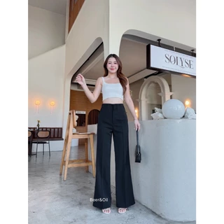 B0038 Beer&Oil กางเกงขายาวเอวสูงขาม้าผ้าลิลลี่ เจาะเป๋าด้านหลังใช้งานได้จริง