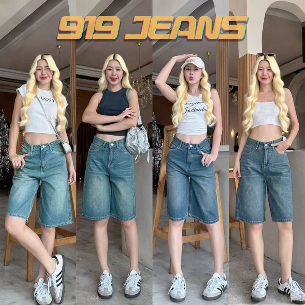 ⭐919JEANS⭐เอวสูง กางเกงยีนส์ขาสั้น ทรงหลวมขากว้าง สไตส์วินเทจ เก็บทรงสวย