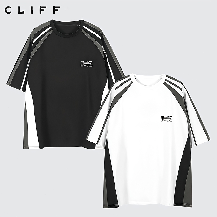CLIFF เสื้อยืดแขนสั้น การต่อสี เรียบง่ายและหลวมสบาย แฟชั่นทันสมัย