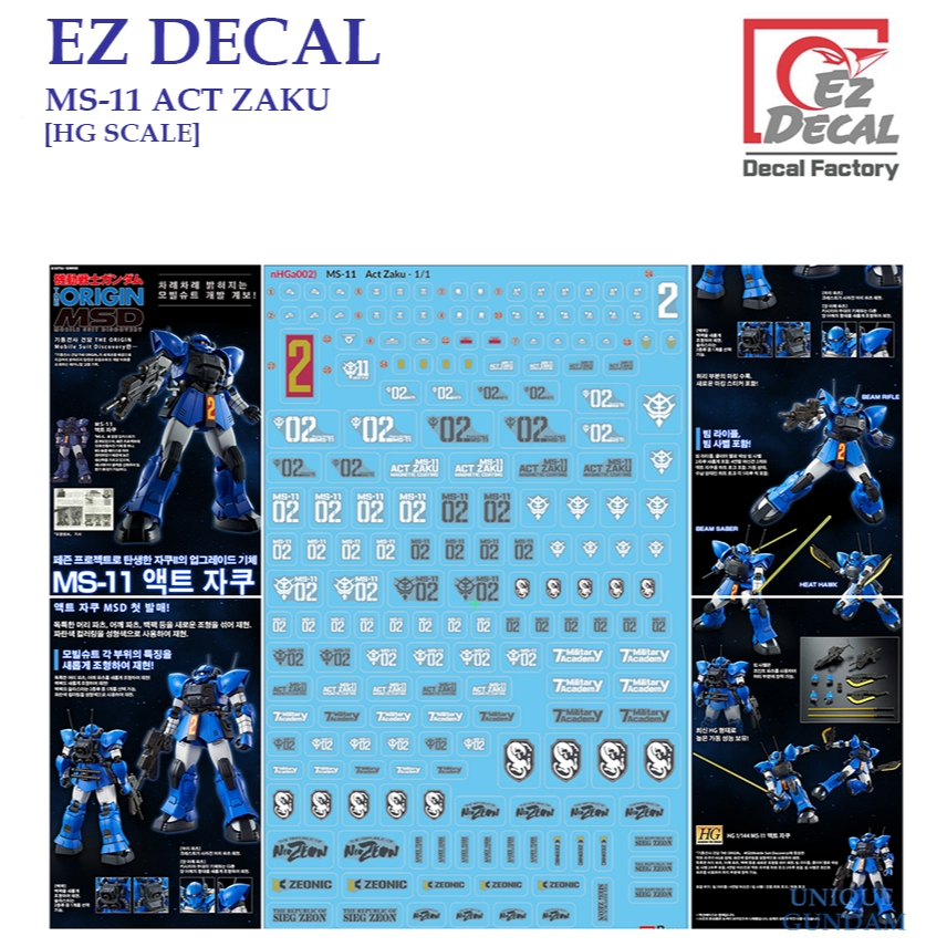 [EZ DECAL] P07 MG 1/100 MS-11 ACT ZAKU GUNDAM  [MG SCALE] WATER SLIDE  DECAL