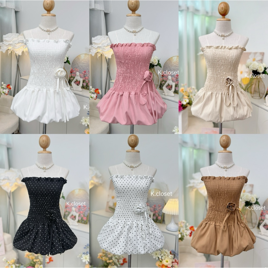-อกถึง38-เดรสเกาะอกบอลลูน เดรสลายPolka Dot  “Rosetta Dress” – มินิเดรสสม็อคแต่งริบบิ้นดอกกุหลาบ