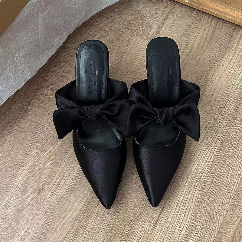 รองเท้าส้นสูงแฟชั่นสําหรับผู้หญิง รองเท้าส้นสูงทรงหัวแหลม ตกแต่งโบว์ วัสดุผ้าซาติน - รูปที่ 7