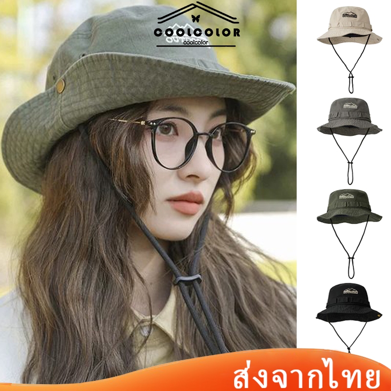 ในไทย💖หมวกเดินป่าแบบผูกเชือกแฟชั่นลำลองสำหรับชาวประมงสําหรับผู้ชายและผู้หญิงตั้งแคมป์ กลางแจ้ง.COD