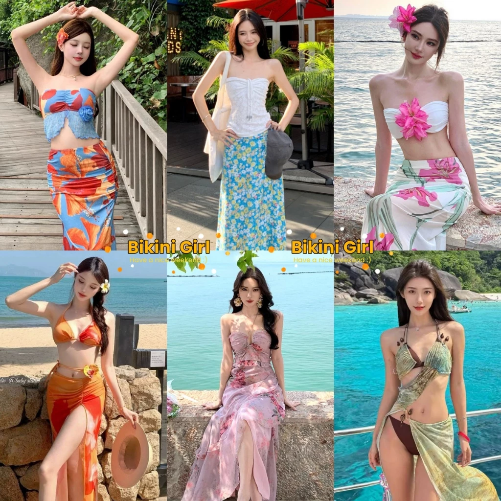 บิกินี่ ชุด 3 ชิ้น การออกแบบสายรัด เซ็กซี่ สไตล์ย้อนยุค ชายหาด กระโปรงยาวผ่าข้าง มีให้เลือกหลากหลายสไตล์
