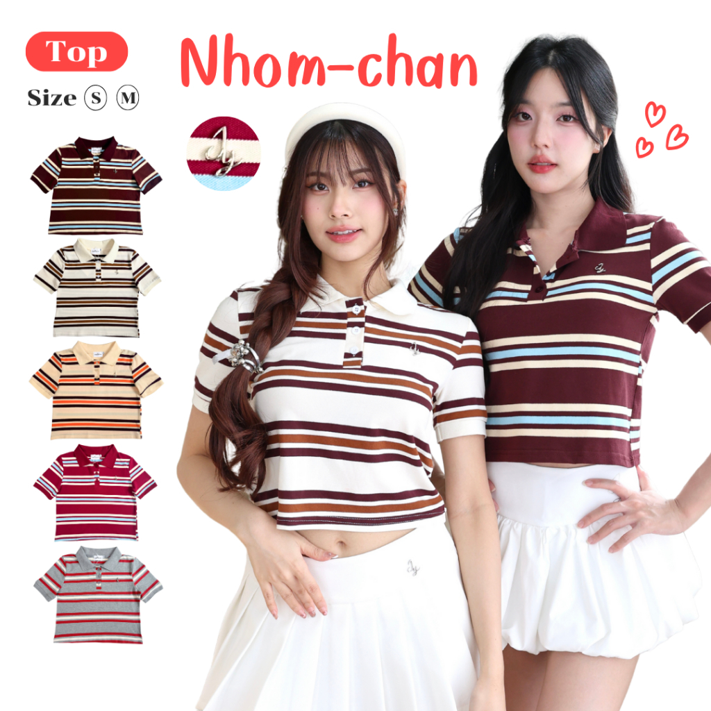 JARINYA (S-M) เสื้อโปโลแขนสั้น ลายขวางปักเหล็ก Jy (T972)