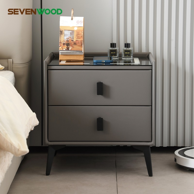 SEVENWOOD โต๊ะข้างเตียงอัจฉริยะ ตู้เก็บของทันสมัยเรียบง่ายมัลติฟังก์ชั่น ชาร์จไร้สาย พร้อมพอร์ตUSBไฟ3สีและลำโพงบลูทูธคู่