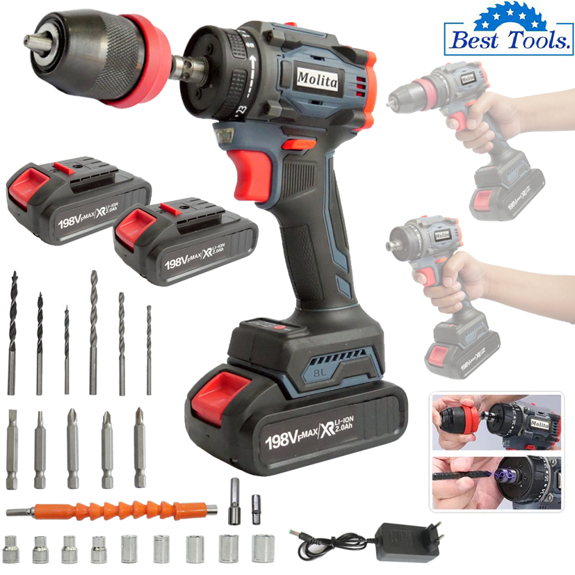 MOLITA สว่านไร้สาย สว่านไร้สายแท้ สว่านไฟฟ้าไร้สาย 198V ไขควง ไฟฟ้า สว่านไขควงไร้สาย สว่านไขควงกระแท