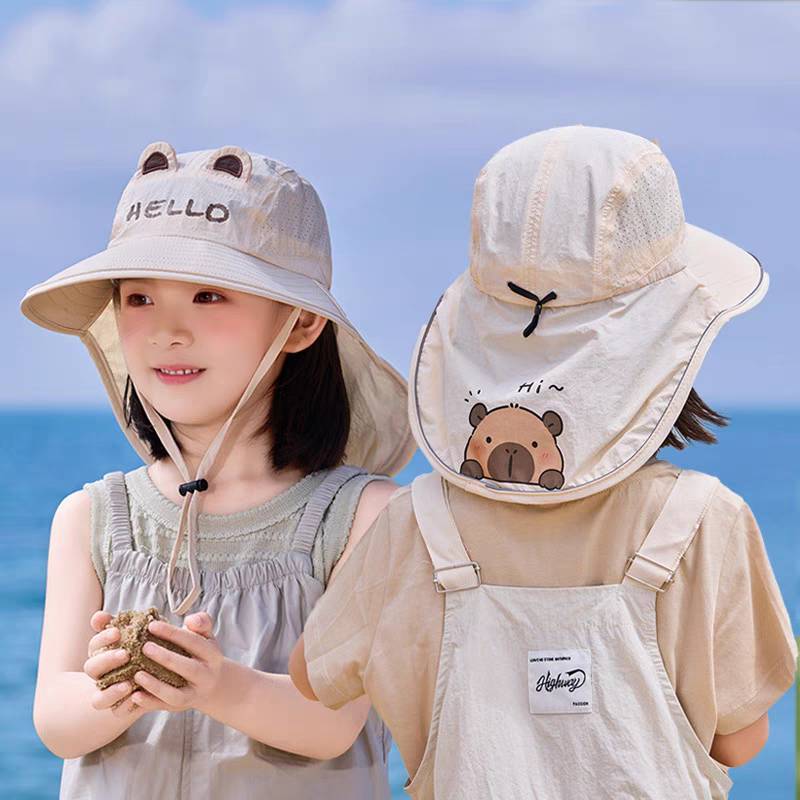 [พร้อมส่ง] หมวกกันแดดเด็กสไตล์เกาหลี รอบศีรษะ 50-52 ซม. แต่งหูกระต่ายน่ารัก พร้อมผ้าคลุมคอกัน UV หมวกแฟชั่นเด็ก
