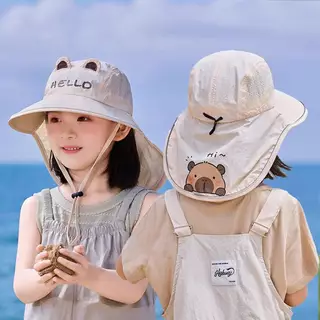 [พร้อมส่ง] หมวกกันแดดเด็กสไตล์เกาหลี รอบศีรษะ 50-52 ซม. แต่งหูกระต่ายน่ารัก พร้อมผ้าคลุมคอกัน UV หมวกแฟชั่นเด็ก