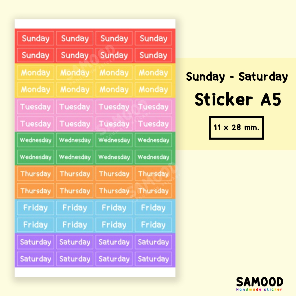 สติ๊กเกอร์ วันที่ติดแพลนเนอร์ ภาษาอังกฤษแบบเต็มคำ 7วัน7สี ไดคัทแล้ว แผ่นA5