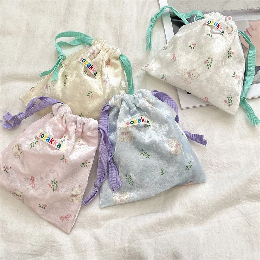 💐DIY💐 ถุงหูรูด ถุงผ้า กำมะหยี่นุ่ม ผ้าเงา กระเป๋าเครื่องสำอาง ลายการ์ตูน ผ้านุ่มนิ่ม