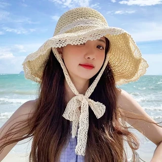 ส่งเร็ว💥หมวกฟางชายหาดสำหรับผู้หญิง ปีกหมวกกว้าง การออกแบบลูกไม้ แฟชั่นสไตล์เกาหลีหวานCOD.Artisanth