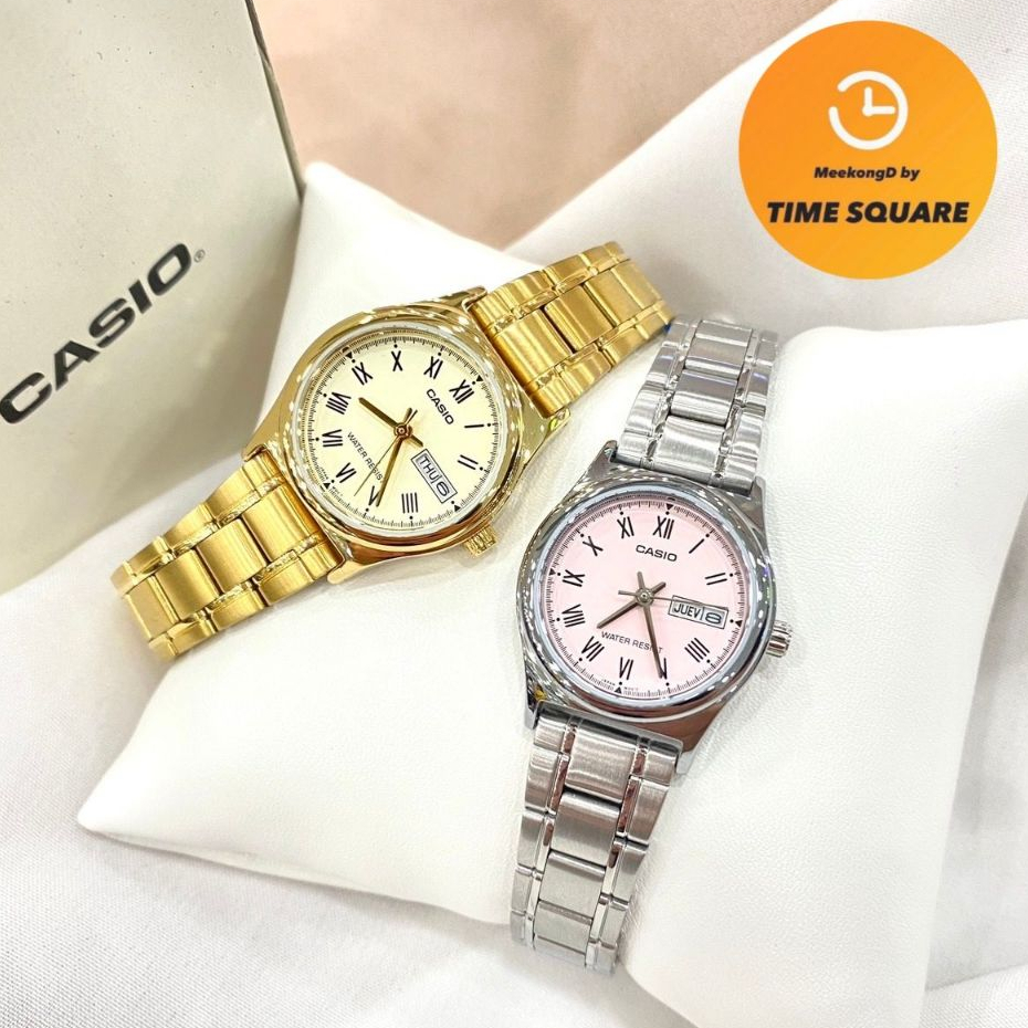 CASIO LTP-V006 หน้าปัด25มม. นาฬิกาหญิง สายสแตนเลส กันน้ำ แสดงวันที่-สัปดาห์ คาสิโอแท้ รับประกันศูนย์1ปี