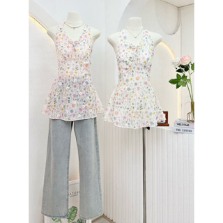 NN682 เสื้อคอวีผูกคล้องคอ ปักลายดอกไม้ Peekanong🌷