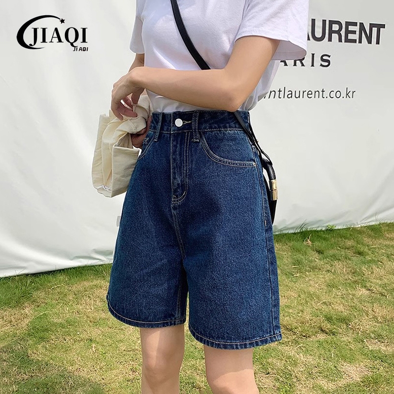 JIAQI กางเกงขาสั้นผ้ายีนส์ทรงตรงสไตล์ย้อนยุคสำหรับผู้หญิง 2025 ฤดูร้อนใหม่ เอวสู