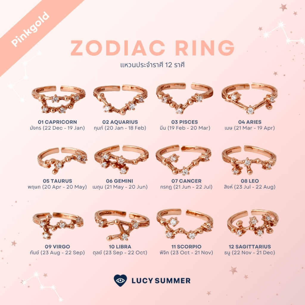 LUCYSUMMER [Pinkgold] แหวนราศี 12 ราศี Zodiac Ring พลอย White Topaz ดีไซน์กลุ่มดาว (ปรับไซส์ได้)