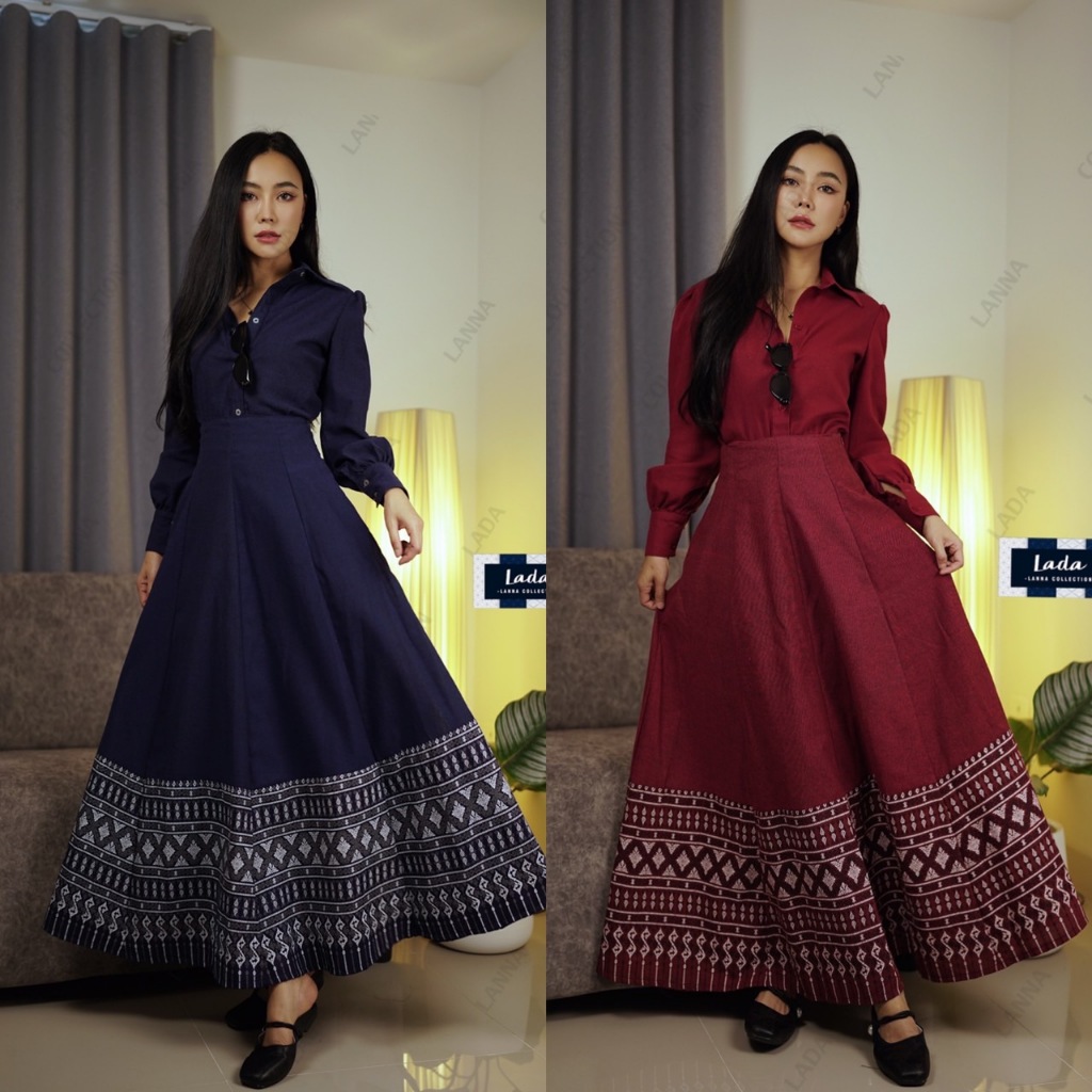 เซ็ทเสื้อเชิ้ตและกระโปรงทรง8ชิ้นต่อชายลายขอกนก มี2สี