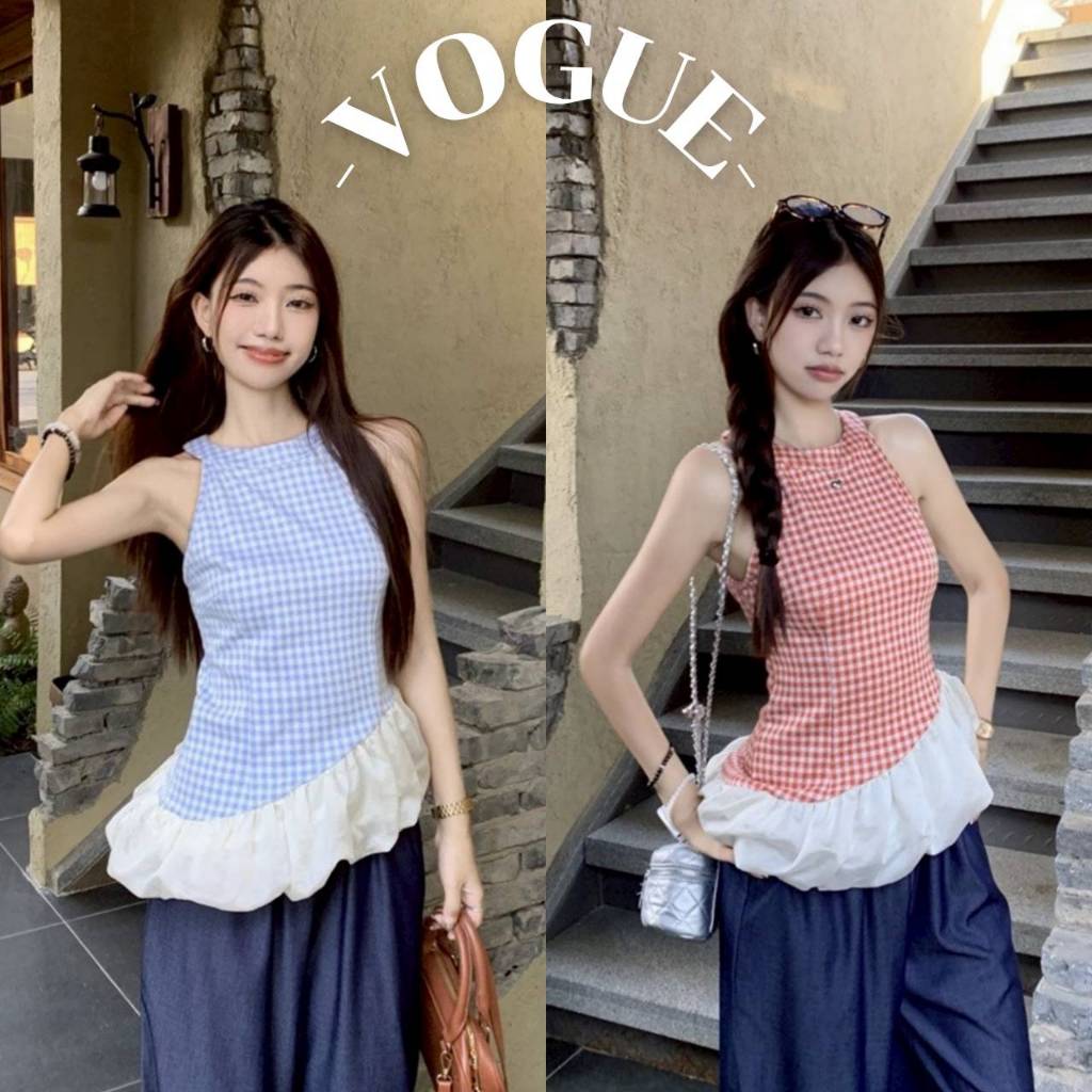 Vogue🌟พร้อมส่ง🌟เสื้อกล้ามลายสก็อต สีฟ้าแดง แต่งปลายขาว มีฟองน้ำเสริมในตัว (FYL5504)
