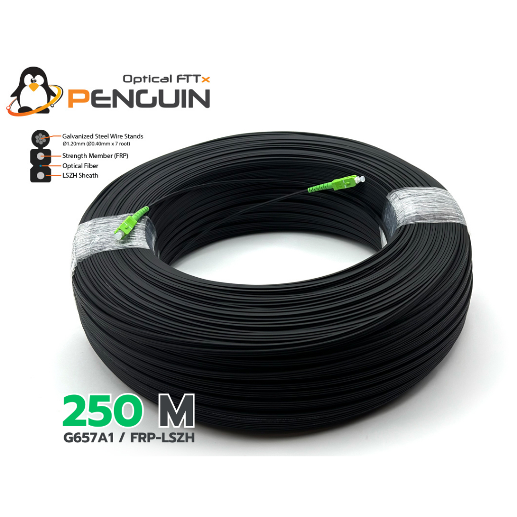 สายไฟเบอร์ออฟติก 1 คอร์ SC/APC (สายสลิงฝอย 0.4*7) ยาว 250 เมตร