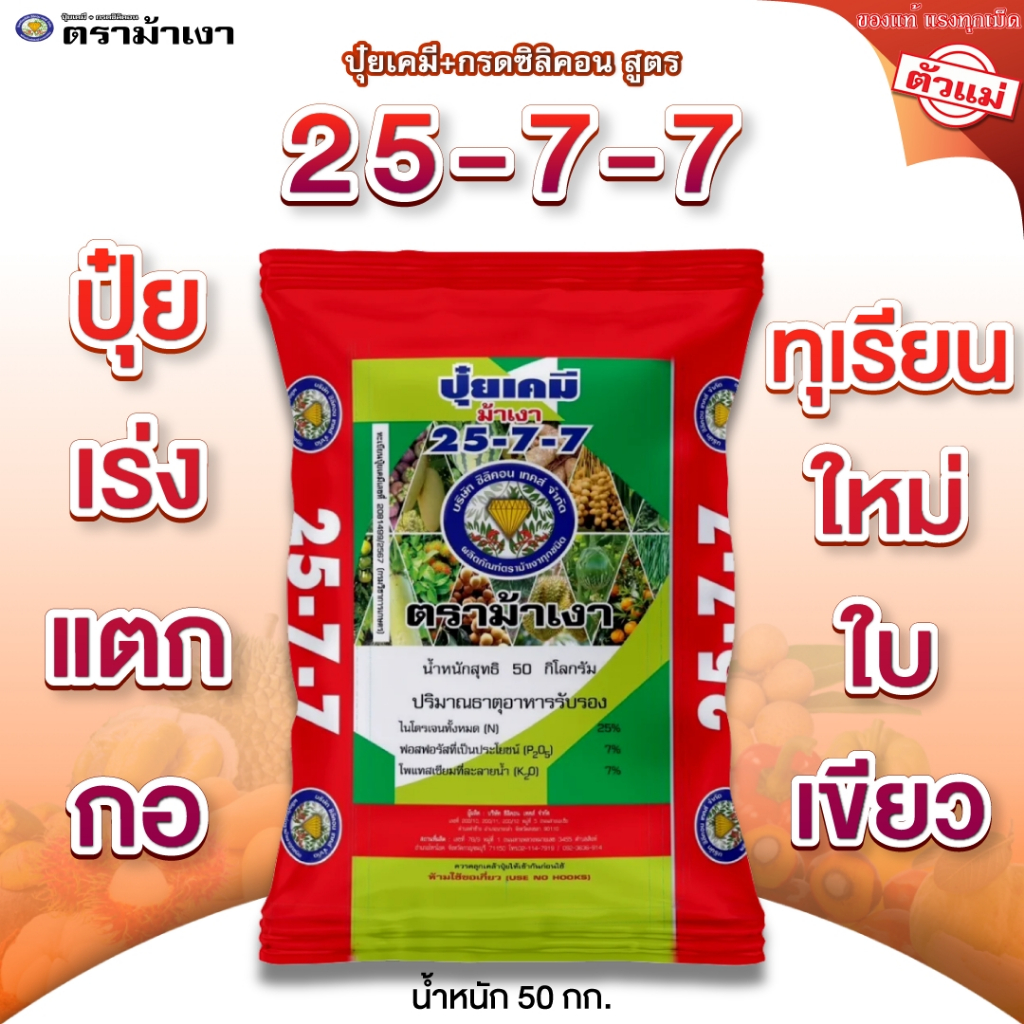 ปุ๋ยเคมี + กรดซิลิคอน สูตร 25-7-7 ตราม้าเงา [ 50 กก. ] เร่งแตกกอ แตกใบใหม่ ทุเรียน ใบเขียว