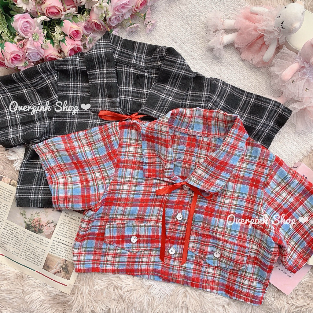 🌸OVP🌸 เสื้อครอปลายสก็อต คอบัวเหลี่ยม แต่งกระเป๋าหลอก เสื้อเอวลอย