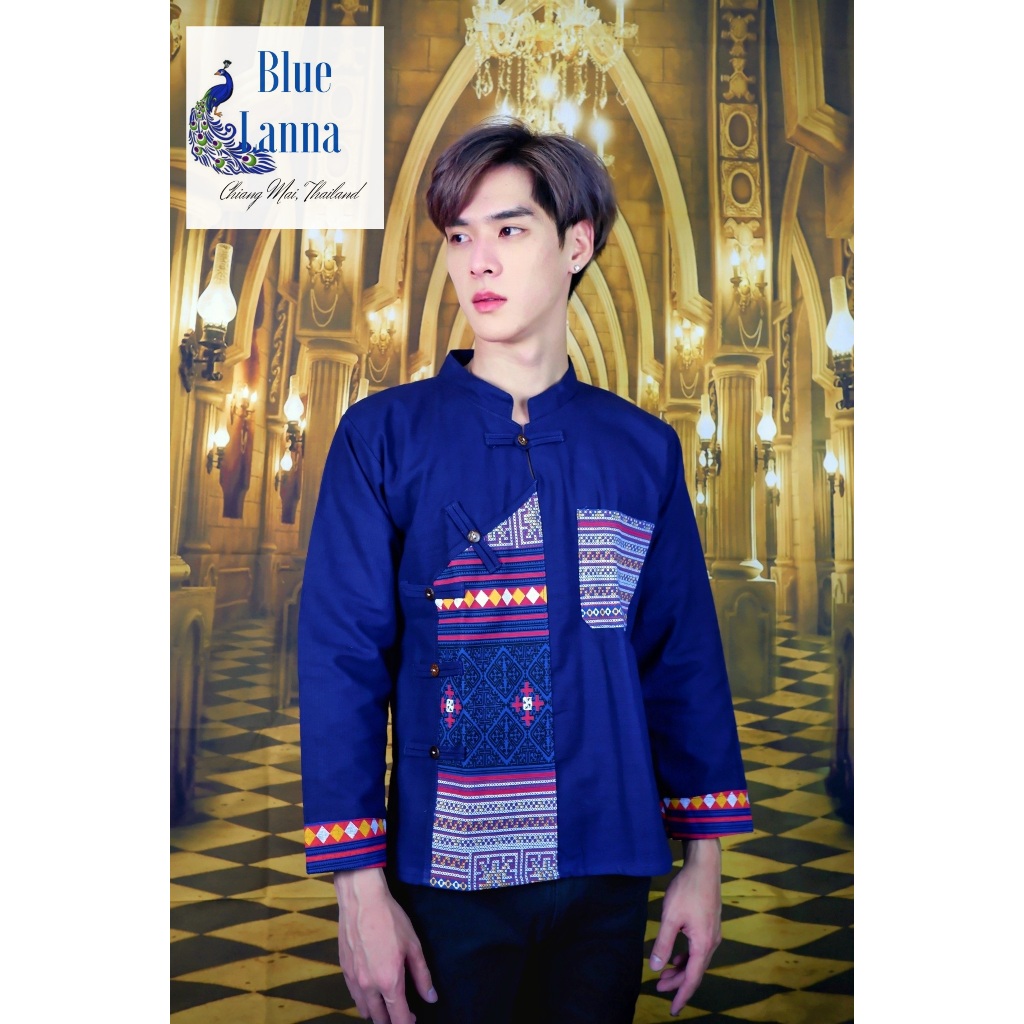 เสื้อผู้ชายแขนยาวผ้าฝ้ายทรงไทลื้อตกแต่งลายพื้นเมืองล้านนา ราคา ถูกที่สุด ดีลบีเคเค แกลเลอรีภาพที่ 3