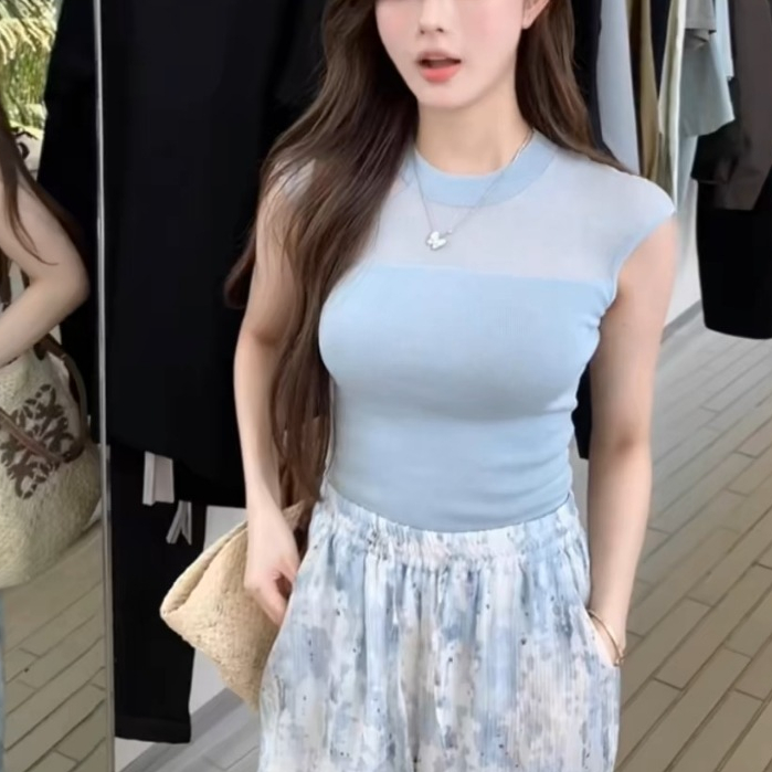 เสื้อคอปีนแขนกุด เสื้อไหมพรม ผ้าเรยอนถัก เข้ารูปเซ็กซี่ ตัวสั้น คอกลม ลายทาง สําหรับผู้หญิงสไตล์อเนกประสงค์