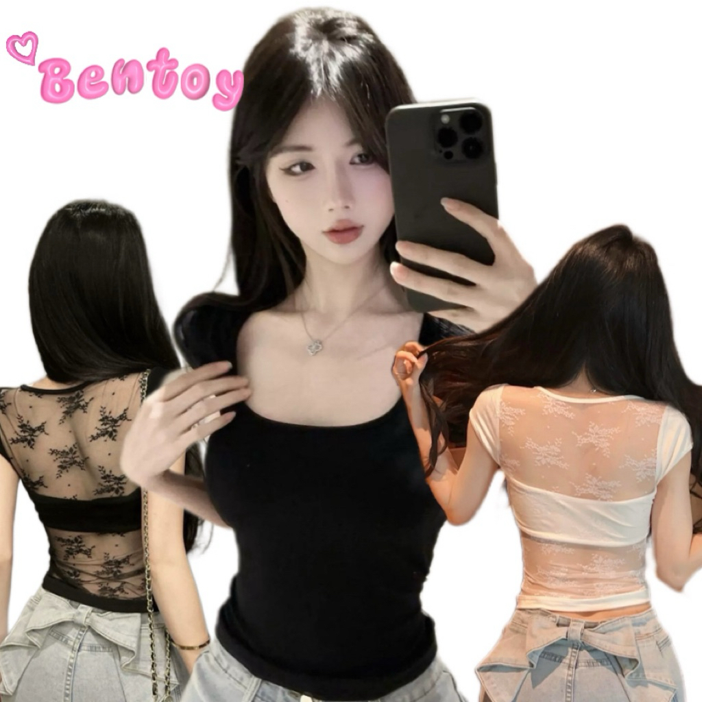 Bentoy(bratop2731)เสื้อยืดแขนสั้นรัดรูป เสริมฟองน้ำในตัว nobra ดีเทลหลังลูกไม้ คอยู ใส่สบาย