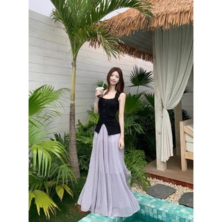 Cic(Z31) เสื้อไหมพรมแขนกุดคอเหลี่ยมแบบกั๊ก กระดุมหลอก ดีเทลแหวกด้านล่าง สไตล์ฝรั่งเศส