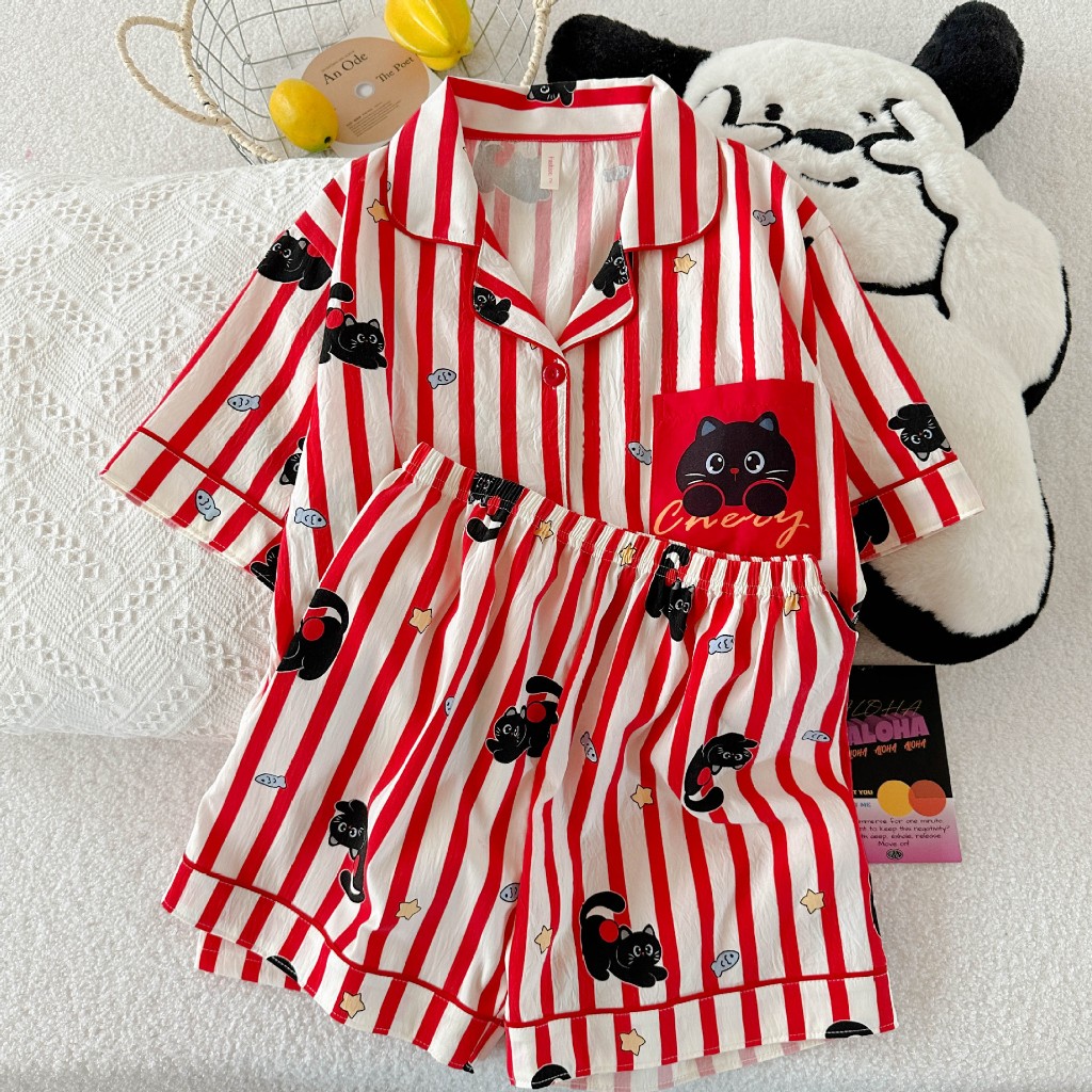 ชุดนอนแขนสั้น+ขาสั้น ผ้าไหมญี่ปุ่น ใส่สบายไม่ร้อน ฟรีไซด์ พร้อมส่ง