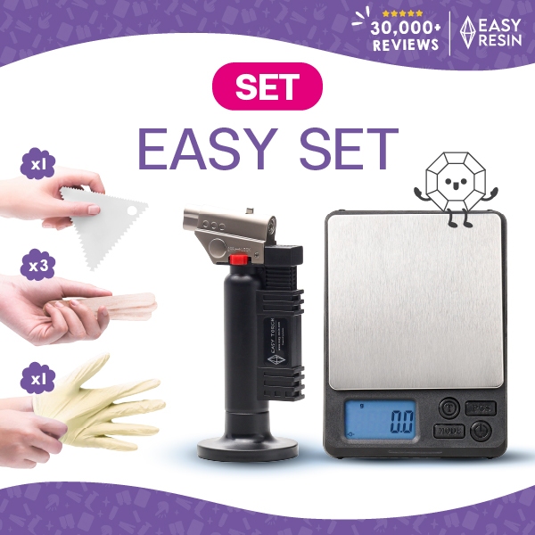 แพคอุปกรณ์ทำเรซิ่นครบชุด! EASY SET ครบชุดสำหรับมือใหม่ ปืนไฟไล่ฟองอากาศ ตราชั่ง ไม้ไอติมผสมเรซิ่น ถุงมือ ที่ปาด