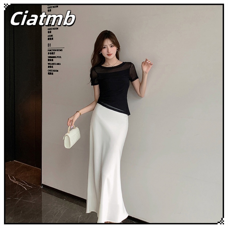 Ciatmb กระโปรงยาวหญิง เอวสูง ทรงหางปลา ผ้าซาติน สีทึบ ทรงเข้ารูปกระโปรง
