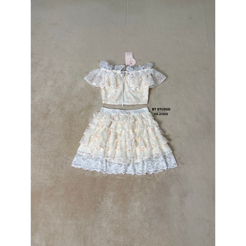 BT 06-21265 เซท 2 ชิ้น เสื้อระบายปาดไหล่ ผ้าชีฟองปักลายขอบลูกไม้พิมพ์ลายดอกไม้ ผูกโบซิปหลัง แมทซ์กับ