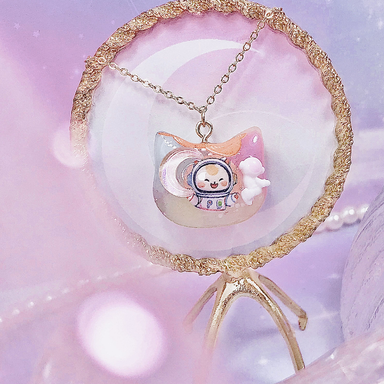 R924 สร้อยคอน้องเหมียวเหมียวตะลุยอวกาศ 14K 41 - 47 cm พร้อมกล่องชมพู